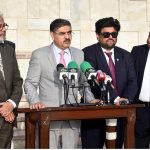 Caretaker Prime Minister Anwaar-ul-Haq Kakar giving remarks after laying a floral wreath at the Mausoleum of Quaid e Azam Muhammad Ali Jinnah, Governor and Chief Minister Sindh as well as Federal Minister for Information & Broadcasting are also present