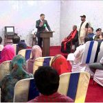 Caretaker Prime Minister Anwaar-ul-Haq Kakar addresses a congregation arranged in support of the Christian community members who were affected by mob violence in Tehsil Jaranwala