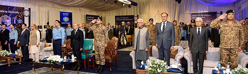 Prime Minister Muhammad Shehbaz Sharif along with Services Chiefs and Federal Ministers inaugurating National Aerospace Science and Technology Park.