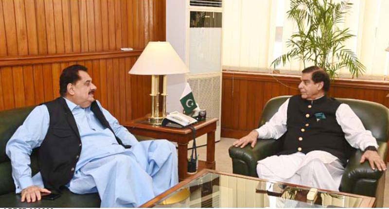 Speaker National Assembly Raja Pervez Ashraf in a meeting with Federal Minister for National Food Security, Chaudhary Tariq Bashir Cheema at Parliament House