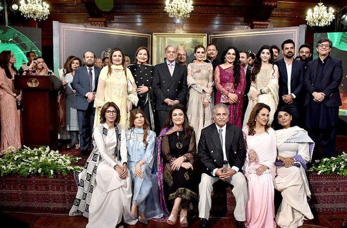 Prime Minister Shahbaz Sharif in a group photo with the best performing Actors, Producers and Directors from Pakistan's Film Industry during an event to celebrate Revival of Film Industry in Pakistan