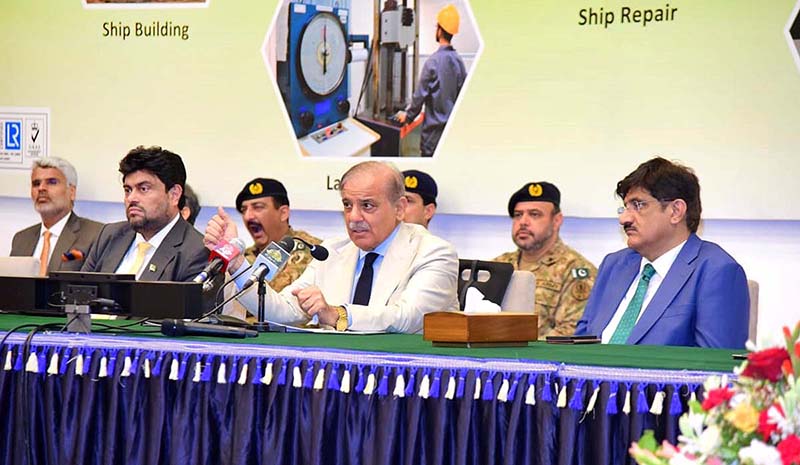 Prime Minister Muhammad Shehbaz Sharif addresses a meeting organized by Karachi Chamber of Commerce and Industries (KCCI).