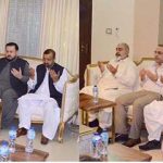 Chairman Senate, Muhammad Sadiq Sanjrani and Senators offering Fateha on the sad demise of wife of Former Federal Minister, LT GEN (R) Abdul Qadir Baloch at his residence