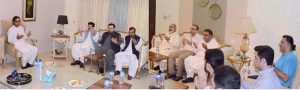 Chairman Senate, Muhammad Sadiq Sanjrani and Senators offering Fateha on the sad demise of wife of Former Federal Minister, LT GEN (R) Abdul Qadir Baloch at his residence