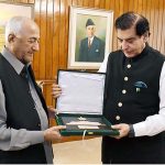 Speaker National Assembly Raja Pervez Ashraf presenting souvenir to Member National Assembly, Ali Nawaz Shah at Parliament House