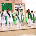 Students performing tableau during the ceremony organized at Foundation Public School on the occasion of 77th Independence Day celebration