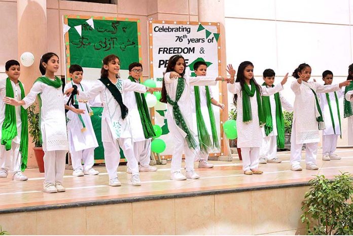 Students performing tableau during the ceremony organized at Foundation Public School on the occasion of 77th Independence Day celebration