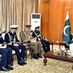 President Dr. Arif Alvi in a meeting with the Omani Chief of Staff of Sultan's Armed Forces, Vice Admiral Abdullah bin Khamis Al-Raisi, who along with the members of his delegation called on him at Aiwan-e-Sadr