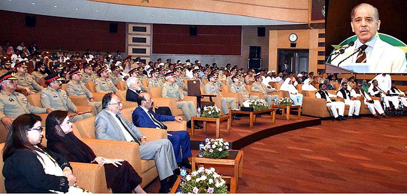 Prime Minister Muhammad Shehbaz Sharif addressing a ceremony to honor the Martyrs and Ghazis of Pakistan Army at General Headquarters