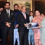 Prime Minister Shahbaz Sharif along with Federal Minister for Information and Broadcasting Marriyum Aurangzeb receives book from the Showbiz Persons during an event to celebrate Revival of Film Industry in Pakistan