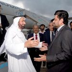 Governor Sindh Kamran Khan Tessori is welcoming the Saudi Minister of Hajj and Umrah Tawfiq Bin Fawzan Al Rabiah at Karachi Airport