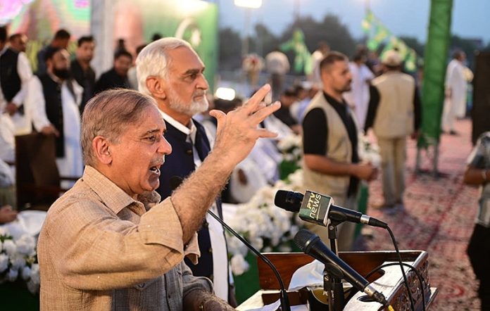 Prime Minister Muhammad Shehbaz Sharif addressing to a public gathering