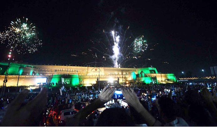 Fireworks are arranged at Bala Hissar Fort on the occasion of 77th Independence Day celebration