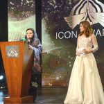 Federal Minister for Information and Broadcasting Marriyum Aurangzeb addressing to the artists, directors and producers at Icon Awards 2023 ceremony