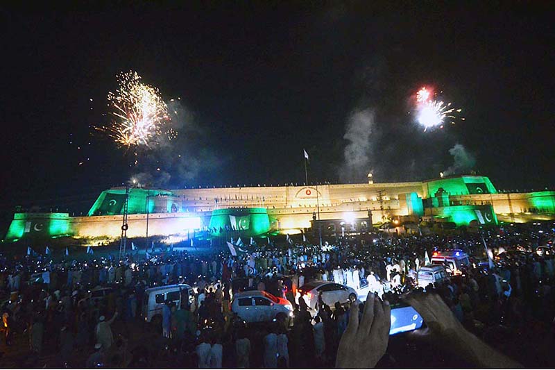 Fireworks are arranged at Bala Hissar Fort on the occasion of 77th Independence Day celebration