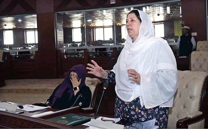 Minister Social Welfear Gilgit-Baltistan Dilshad Bano addressing during the 2nd sitting of 23rd session of Gilgit-Baltistan Assembly under the chair of Speaker Gilgit-Baltistan Assembly Nazir Ahmad Advocate at Assembly Secretariat