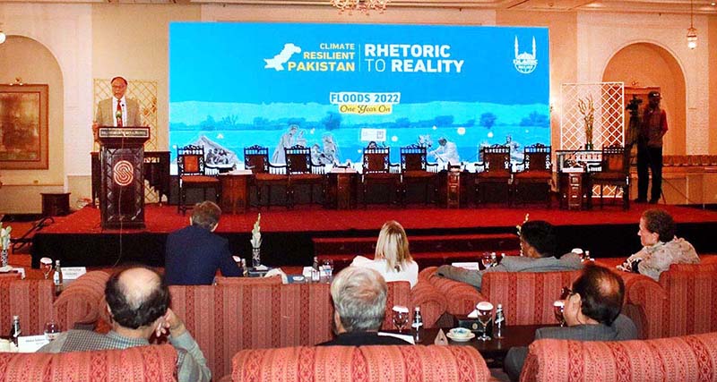 Federal Minister for Planning Development & Special Initiatives, Prof. Ahsan Iqbal addressing in the International Development Partners during an Islamic Relief National Conference on Floods 2022: One-Year-On - Resilient Pakistan: Rhetoric to Reality