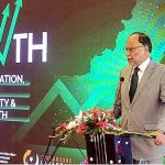 Federal Minister for Planning Development & Special Initiatives, Prof. Ahsan Iqbal addresses during a launching ceremony of the National Growth Centre at the Ministry's Auditorium