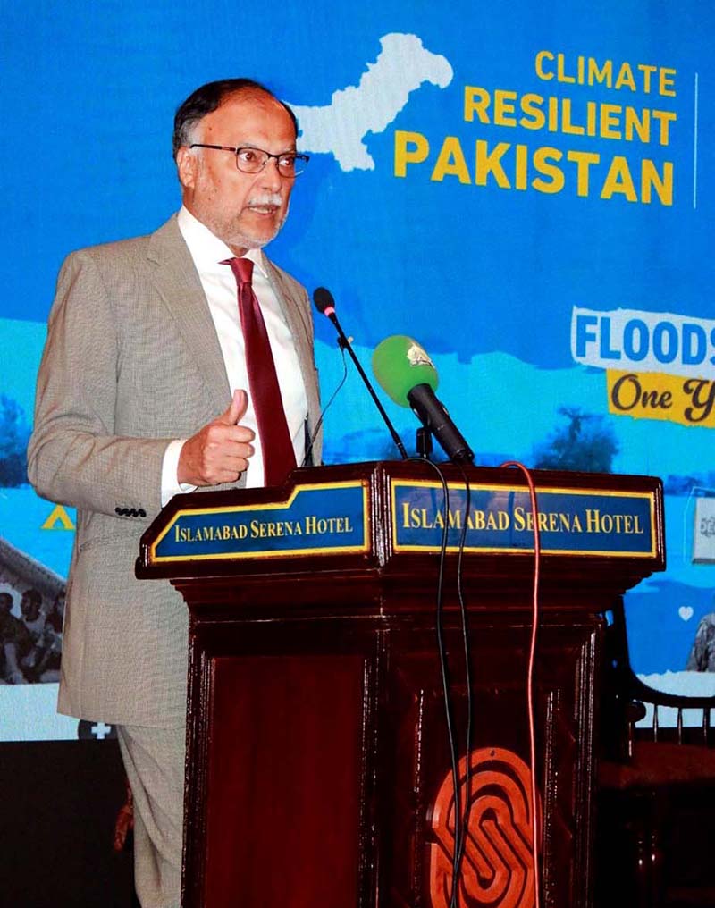 Federal Minister for Planning Development & Special Initiatives, Prof. Ahsan Iqbal addressing in the International Development Partners during an Islamic Relief National Conference on Floods 2022: One-Year-On - Resilient Pakistan: Rhetoric to Reality