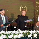 President Dr. Arif Alvi administering the oath of office to Anwar-ul-Haq Kakar as the Caretaker Prime Minister of Pakistan at an oath-taking ceremony held at Aiwan-e-Sadr