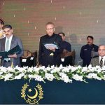President Dr. Arif Alvi administering the oath of office to Anwar-ul-Haq Kakar as the Caretaker Prime Minister of Pakistan at an oath-taking ceremony held at Aiwan-e-Sadr