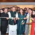 President Dr. Arif Alvi inaugurating a painting exhibition featuring the art works of Ali Azmat to pay tribute to Quaid-e-Azam Muhammad Ali Jinnah at PNCA
