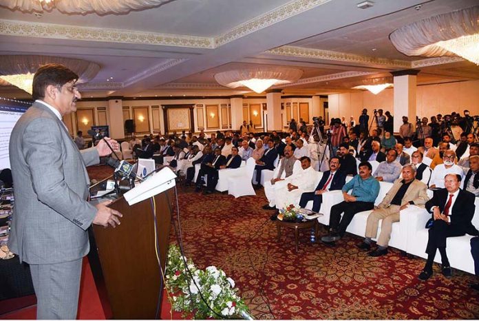 Sindh Chief Minister Syed Murad Ali Shah speaks at the launching ceremony of Sindh Water Policy at a local hotel