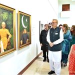 President Dr. Arif Alvi viewing a painting exhibition to pay tribute to Quaid-e-Azam Muhammad Ali Jinnah on Pakistan's Independence Day