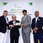 Chairman ChildLife Foundation Iqbal Adamjee, Trustee Suhail Tabba, Ahsan Rabbani and others present a memento to Sindh Chief Minister Syed Murad Ali Shah at their program at Dr. Ruth K. M. Pfau Civil Hospital.