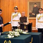 President Dr. Arif Alvi administering the oath of office to Mr. Fawad Hasan Fawad as Caretaker Federal Minister, at Aiwan-e-Sadr