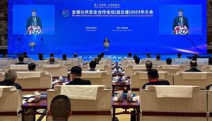 Federal Minister for Interior Sarfraz Ahmed Bugti addressing the opening session of the 2023 Conference of Global Public Security Cooperation Forum. 