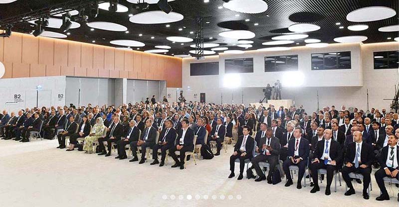 The Caretaker Planning Minister for Development & Special Initiatives, Muhammad Sami Saeed is sitting with President of Azerbaijan, Ilham Aliyev, during the opening ceremony of the 2nd Azerbaijan National Urban Forum & Global Observance of World Habitat Day 2023, held in Zangilan