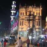 An illuminated view of Akbari Jamia Masjid at Hirabad decorated with colorful lights in connection with Eid Milad-un-Nabi (PBUH) celebrations