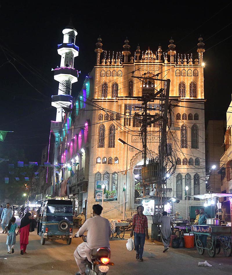 An illuminated view of Akbari Jamia Masjid at Hirabad decorated with colorful lights in connection with Eid Milad-un-Nabi (PBUH) celebrations