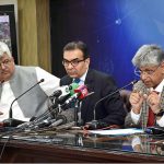 Caretaker Federal Minister for Information and Broadcasting Murtaza Solangi and caretaker Federal Minister for Power Muhammad Ali addressing a press conference.
