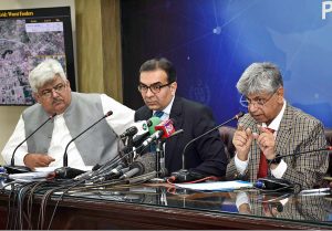 Caretaker Federal Minister for Information and Broadcasting Murtaza Solangi and caretaker Federal Minister for Power Muhammad Ali addressing a press conference. 