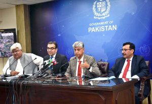 Caretaker Federal Minister for Information and Broadcasting Murtaza Solangi and caretaker Federal Minister for Power Muhammad Ali addressing a press conference. 