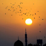 A beautiful view of the sunset over the skies of the city.