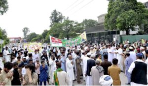 A large number of people participating in a rally to mark Eid-e-Milad-un-Nabi (PBUH) at I-9 sector in the federal capital