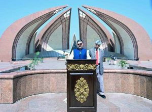 Caretaker Prime Minister Anwaar-ul-Haq Kakar addressing media at a ceremony held at Pakistan Monument to mark Defence & Martyrs Day.