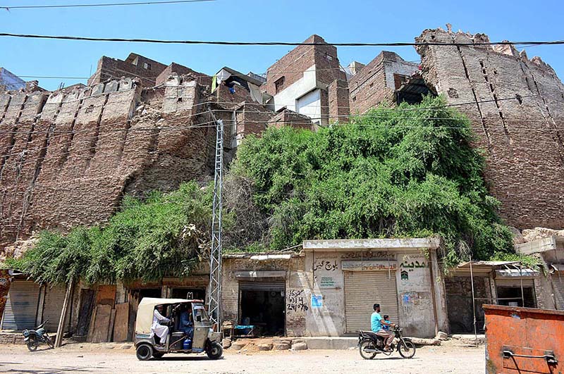 A view of damage wall of historical heritage Pakka Fort in the city.