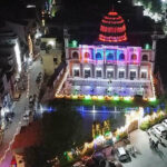 An illuminated view of Mosque decorated with colorful lights in connection with Eid Milad-un-Nabi (PBUH).
