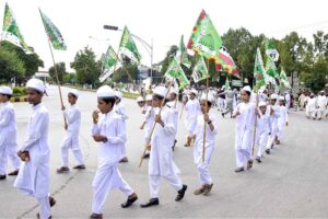 A large number of people participating in a rally to mark Eid-e-Milad-un-Nabi (PBUH) at I-9 sector in the federal capital