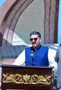 Caretaker Prime Minister Anwaar-ul-Haq Kakar addressing media at a ceremony held at Pakistan Monument to mark Defence & Martyrs Day.