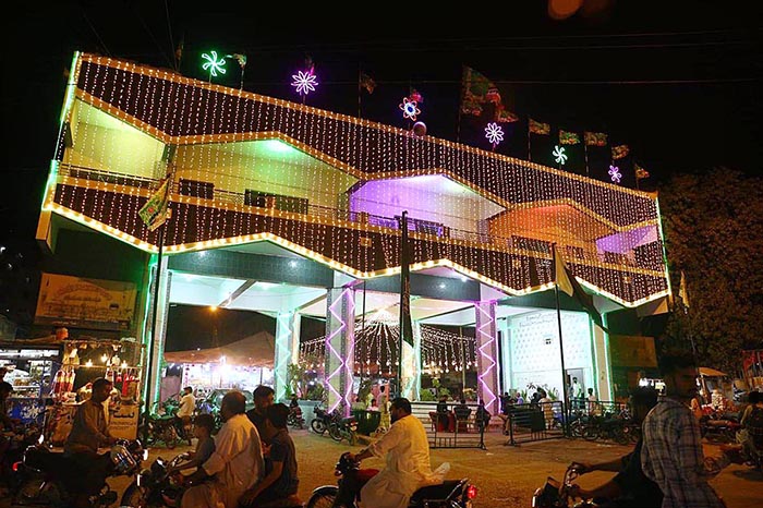An illuminated view of Rabi Awal Chowk Latifabad for the preparation of Eid Milad-un-Nabi (PBUH) celebrations.