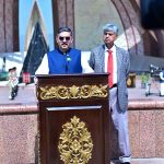 Caretaker Prime Minister Anwaar-ul-Haq Kakar addressing media at a ceremony held at Pakistan Monument to mark Defence & Martyrs Day.