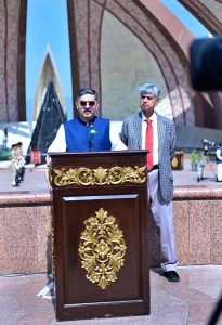 Caretaker Prime Minister Anwaar-ul-Haq Kakar addressing media at a ceremony held at Pakistan Monument to mark Defence & Martyrs Day.