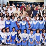 Federal Minister for Education Madad Ali Sindhi, Principal Prof Sabah Faisal poses for a group photo with participants of Project Exhibition titled " Beyond the Classroom" held at Islamabad College for Girls ICG F6-2.