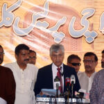 Caretaker Federal Minister for Information and Broadcasting Murtaza Solangi talking to media persons at Karachi Press Club.