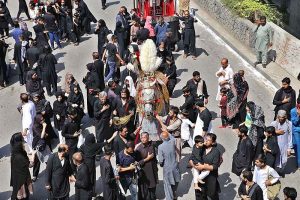 A large number of mourners attending the Chehlum procession to commemorate the martyrdom of Hazrat Imam Hussain (RA) grandson of Holy Prophet Muhammad (SAWW